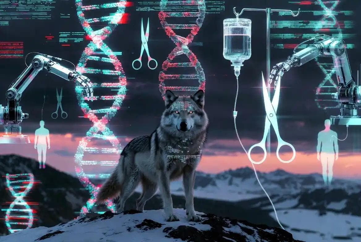 Dramatic 16:9 hero image for blog post: A gene-edited dire wolf stands on a snowy ridge under holographic DNA and robotic biotech overlays at dusk, symbolizing 2025 de-extinction hype and its implications for human longevity technologies. Dark cyberpunk aesthetic highlighting corporate science critique.
