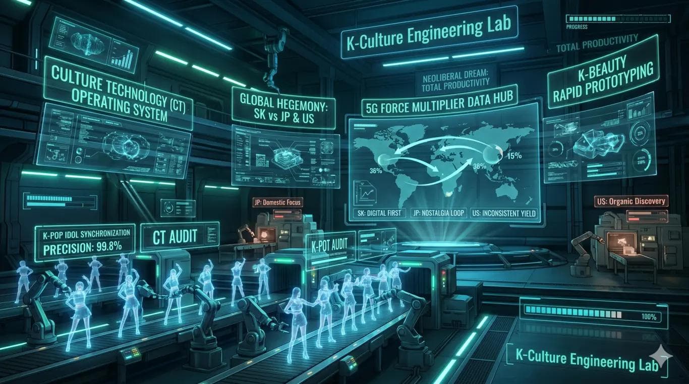 The image depicts a clinical, cyan-toned "K-Culture Engineering Lab" where holographic idols are calibrated on a high-tech assembly line under "Culture Technology" operating systems, illustrating the cynical reality of South Korea’s manualized cultural hegemony over the stagnant legacy systems of the US and Japan.