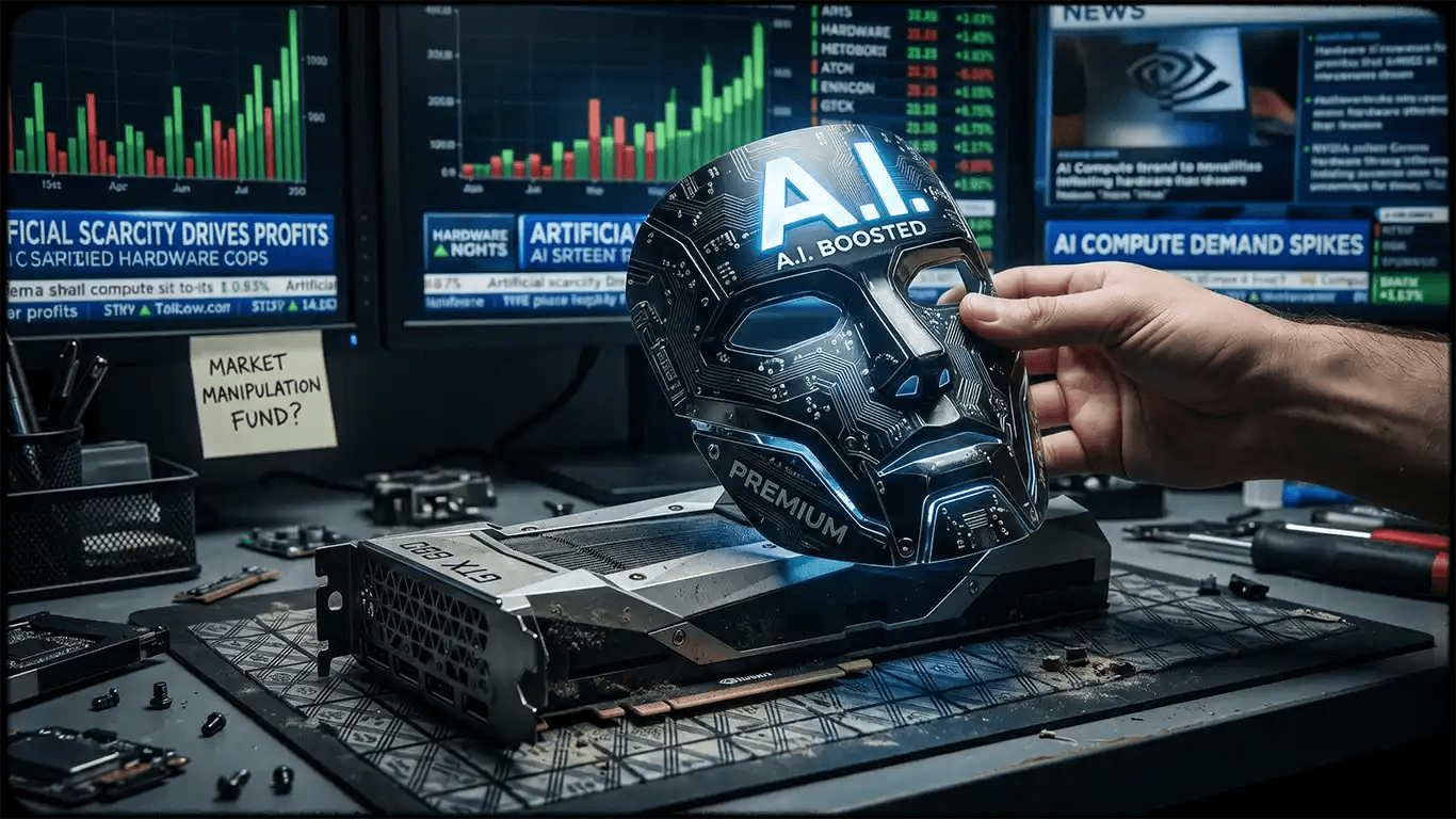 A high-angle shot of a cluttered workstation featuring a dusty, standard graphics card being covered by a sleek, black metallic mask etched with circuit patterns and the words "A.I. BOOSTED" and "PREMIUM." In the background, multiple monitors display aggressive financial charts, "breaking news" headlines about artificial scarcity, and a sticky note that reads "MARKET MANIPULATION FUND?" to highlight the deceptive rebranding of hardware...