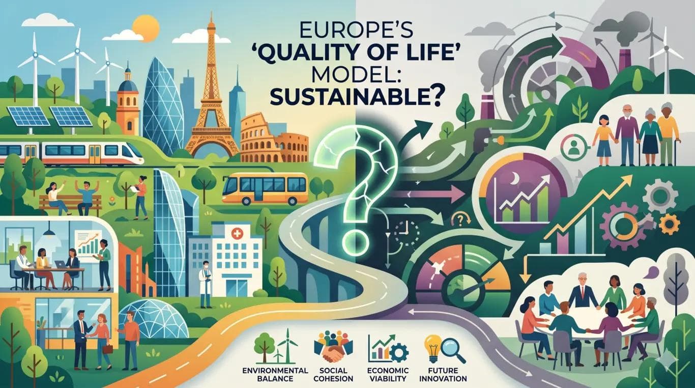 An illustrative split-screen graphic titled "Europe’s Quality of Life Model: Sustainable?" depicting the balance between European social ideals and future challenges. The left side shows vibrant scenes of green energy, transit, and social welfare; the right side features complex infographics, gears, and demographic icons. A large central question mark symbolizes the uncertainty of the model's long-term economic and social viability.