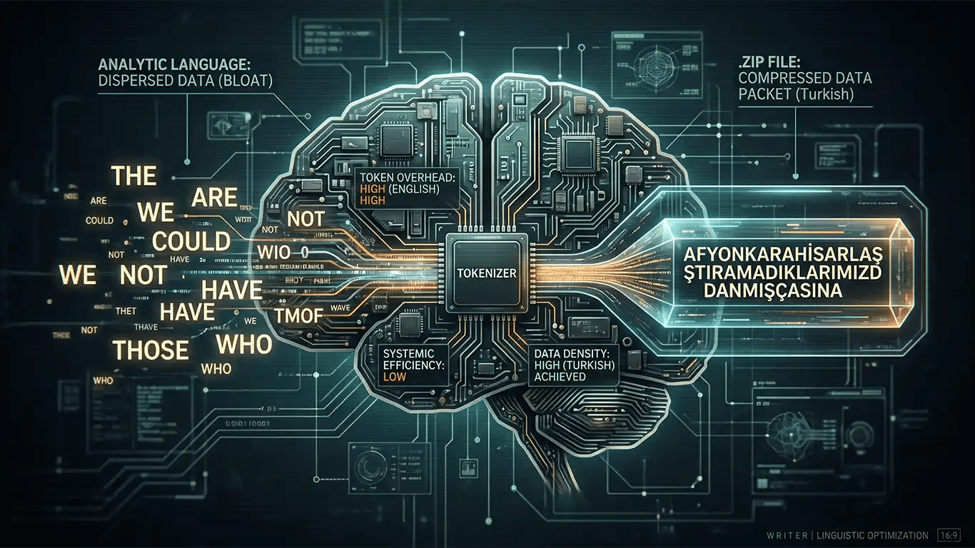 A futuristic schematic of a mechanical brain comparing "analytic language bloat" (scattered English words like "THE" and "HAVE") to a "compressed data packet" (a single, dense Turkish word). The image highlights the high data density and systemic efficiency of Turkish versus the high token overhead of English...
