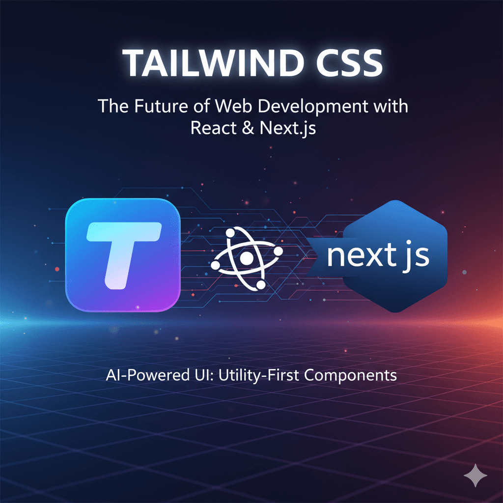 A sleek, dark-themed banner image featuring the Tailwind CSS logo on the left, connected by a network of glowing lines to the React logo (a white atom-like symbol) in the center, and the Next.js logo (a dark blue hexagon) on the right. The top text reads 'TAILWIND CSS: The Future of Web Development with React & Next.js.' Below the logos, it says 'AI-Powered UI: Utility-First Components.' The background is a futuristic grid with a blue glow on the left and an orange glow on the right, symbolizing modern technology.