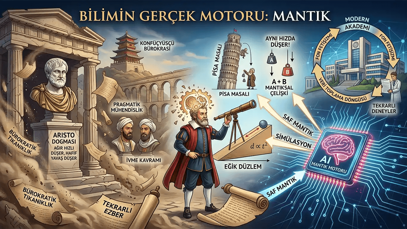 A 16:9 editorial illustration titled "Bilimin Gerçek Motoru: Mantık," depicting the evolution of scientific thought. On the left, crumbling statues of Aristotle represent dogmatic bureaucracy; the center features Galileo with an inclined plane and the falling bodies paradox; on the right, a glowing AI "Logic Engine" chip connects to a modern academy trapped in a "funding and data collection" cycle. Overlaid Turkish text labels the historical and systemic elements.