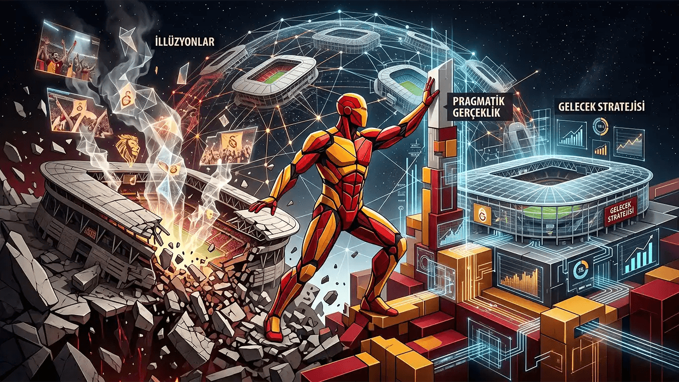 A surreal, high-tech 16:9 illustration of a robotic figure in Galatasaray’s red and gold colors, standing between a crumbling, dark stadium and a futuristic, data-driven arena to represent football's structural collapse and digital evolution.