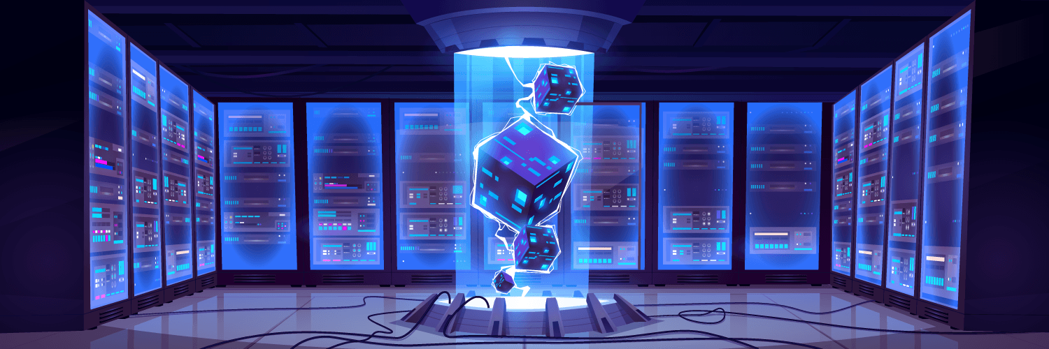 a futuristic server room with data cubes at the core