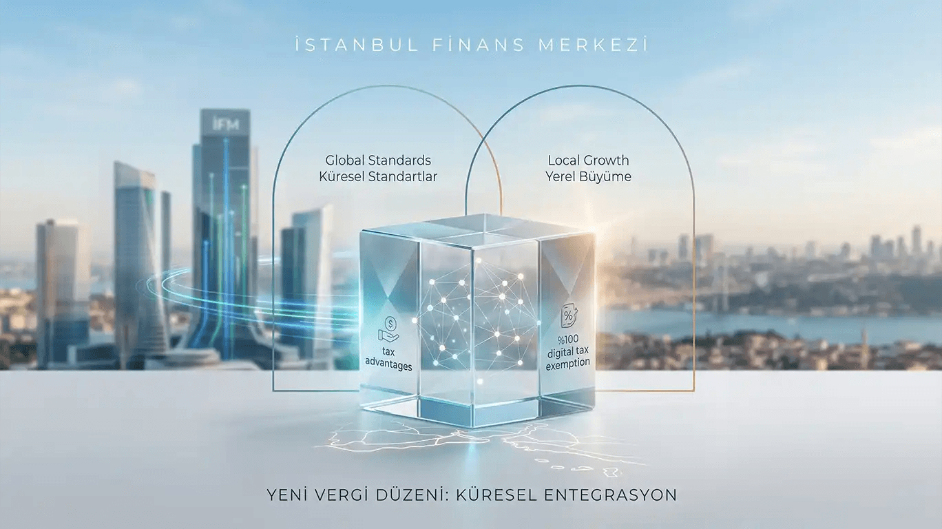 English: A panoramic hero image showcasing the modern skyscrapers of the Istanbul Finance Center against the backdrop of the Bosphorus strait and the city skyline. In the foreground, a translucent cube features glowing, futuristic graphics and icons representing concepts like "Global Standards/Local Growth," "%100 Digital Tax Exemption," and "Tax Advantages."